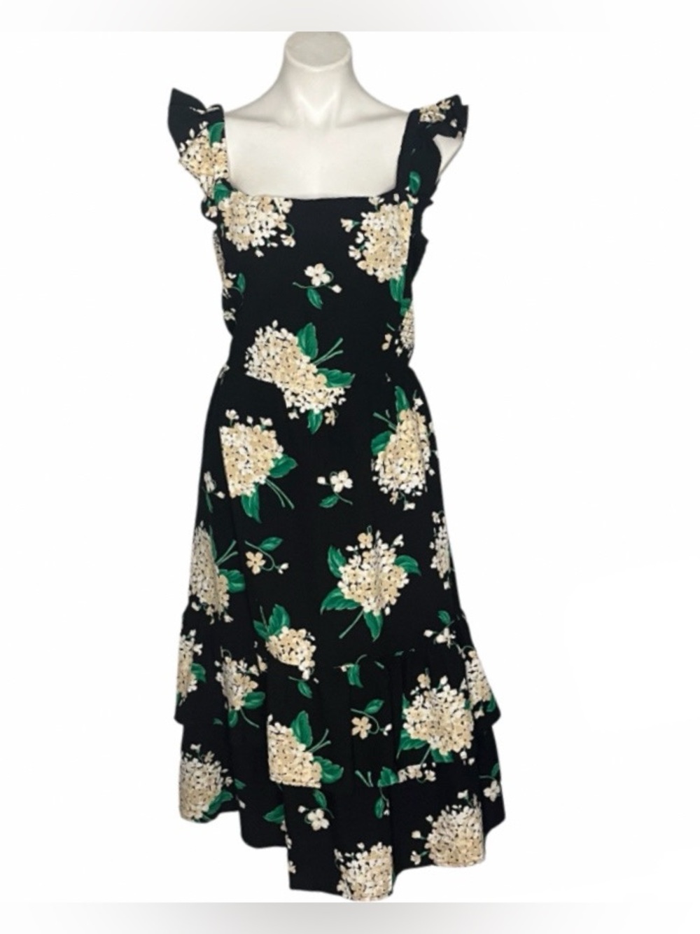 DRAPER JAMES Carrie Floral Ruffle Midi Dress Black Cream flowers Size Large